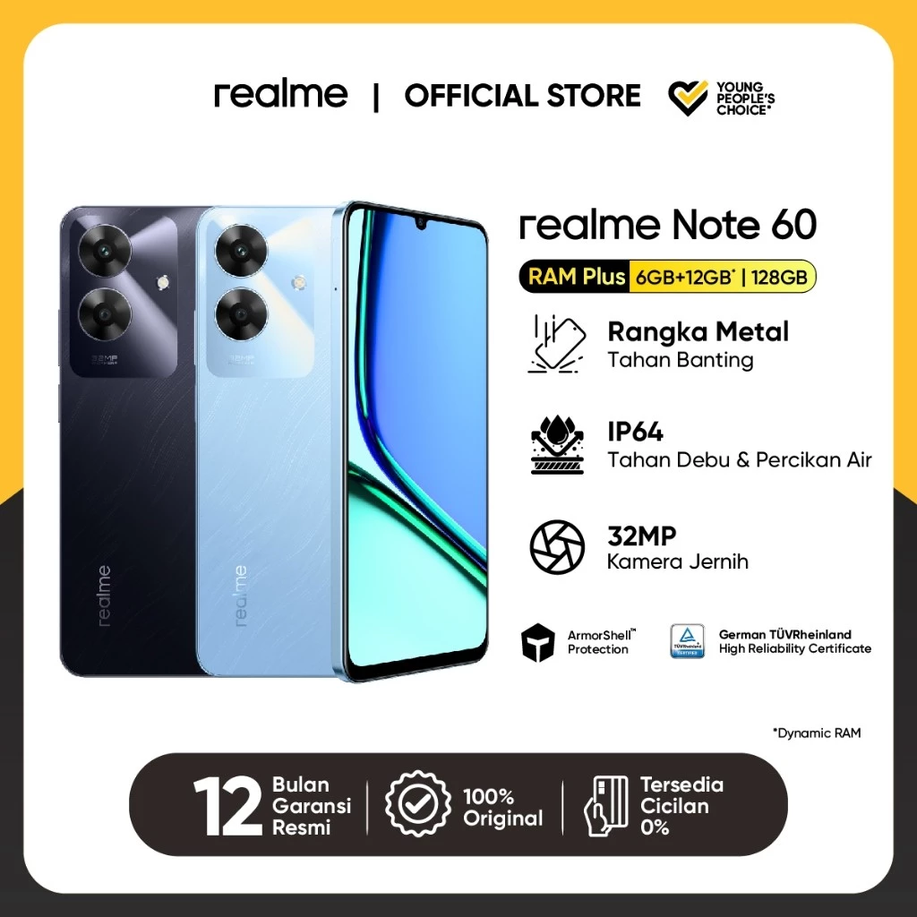 Realme Note 60 6GB+12GB*|128GB (ArmorShell™ Protection | TÜV Rheinland | 32MP Camera| 