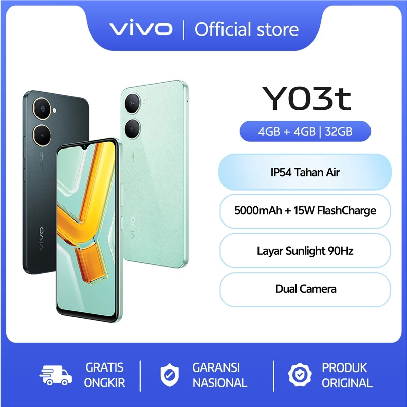 Vivo Y03t - IP54 Tahan Air, AI Dual Camera 5000mAh + 15W FlashCharge, Layar Sunlight 90Hz 