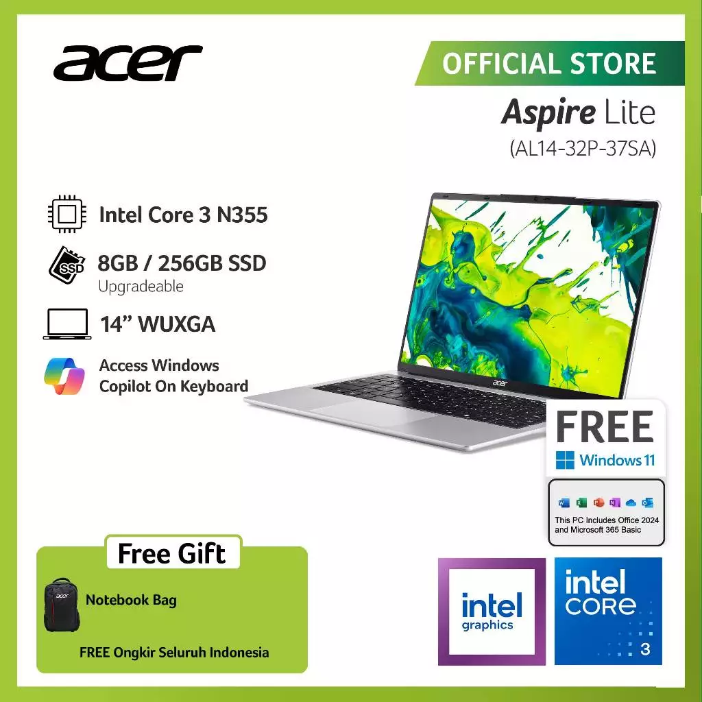 ACER LAPTOP ASPIRE LITE AL14-32P-37SA 14" WUXGA INTEL CORE 3 N355 RAM 8GB STORAGE 256GB SSD 