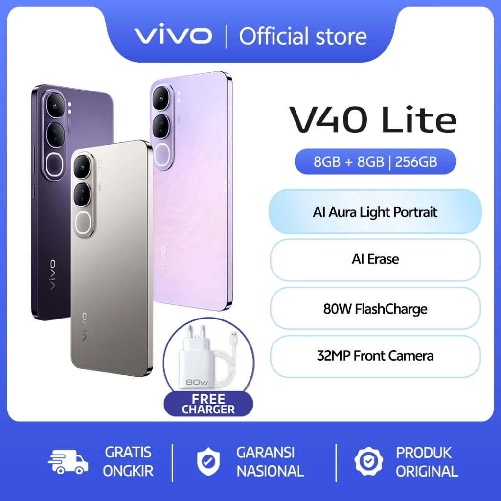 Vivo V40 Lite 4G (8/256) - AI Aura Light Potrait, AI Erase, 80W FlashCharge, 32MP Front Camera 