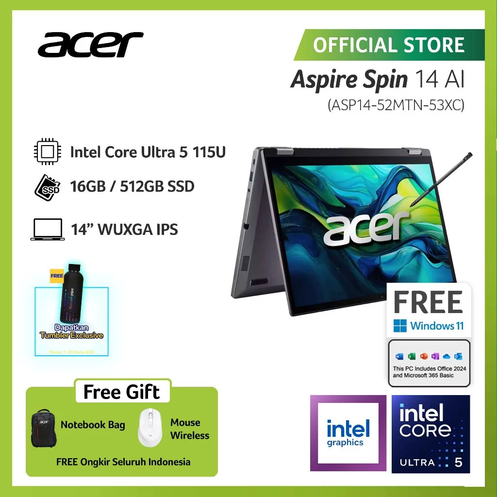 ACER LAPTOP 2 IN 1 ASPIRE SPIN 14 AI ASP14-52MTN-53XC 14"  