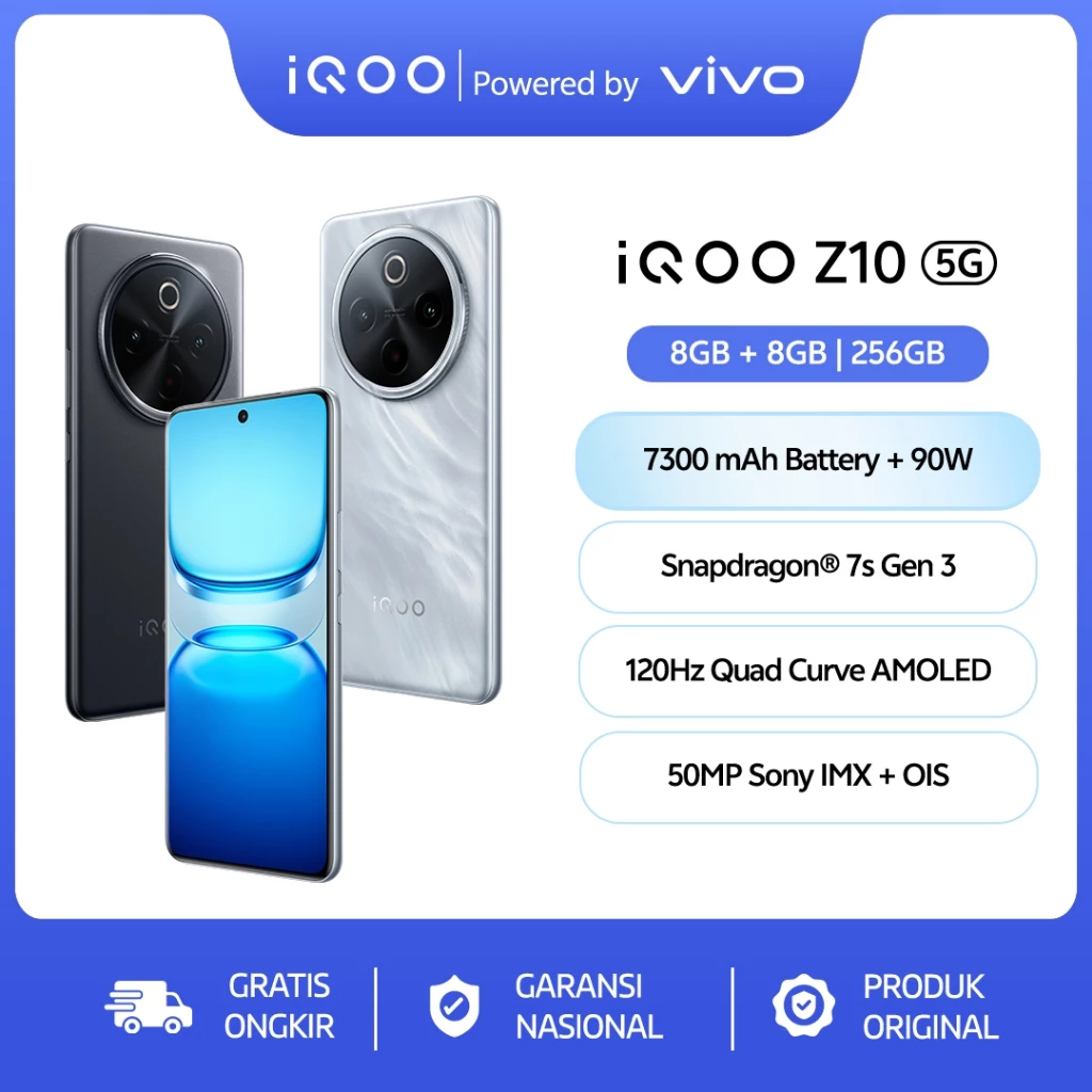 Vivo iQOO Z10, 7300mAh + 90Watt, Snapdragon 7s Gen 3, AnTuTu 822,705, 120Hz Quad-Curved AMOLED 